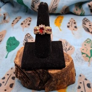 Vintage Ruby and White Sapphire Ring Sz8 10K Gold overlay on Silver